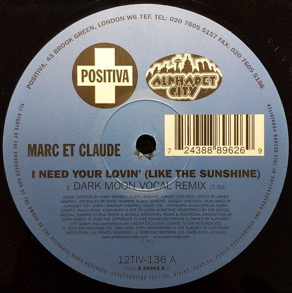 Обложка пластинки Marc Et Claude – I Need Your Lovin' (Like The Sunshine)
